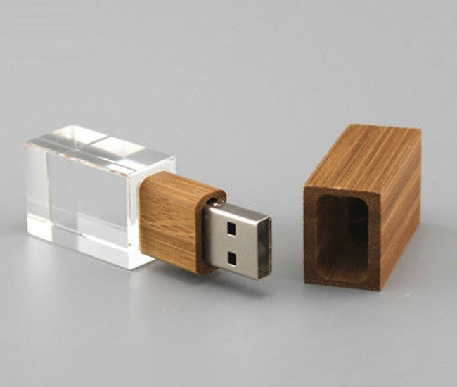 竹木發光水晶U盤 3D內雕優盤定制廠家  竹木水晶U盤禮品